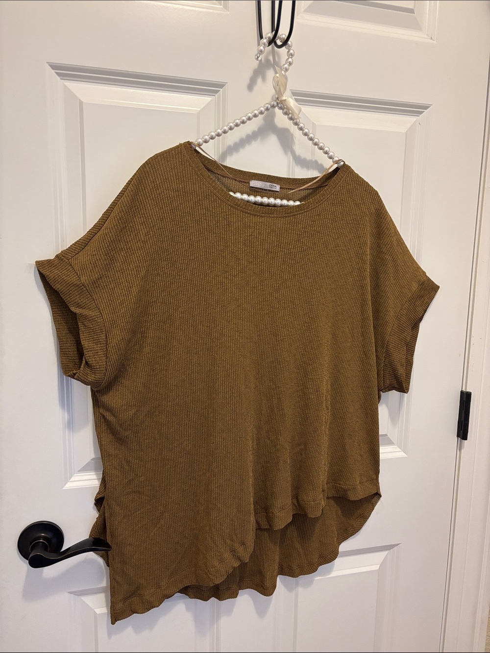 Zara Ribbed Short Sleeve Top in Mustard Brown 🤎 Sz 8 - Picture 3 of 12